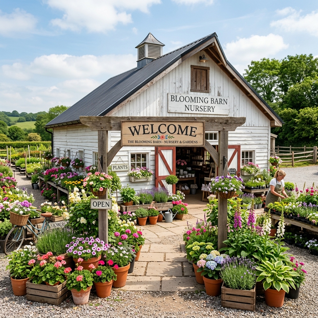 Entrance of Blooming Barn Nursery with wooden sign and various colorful potted flowers